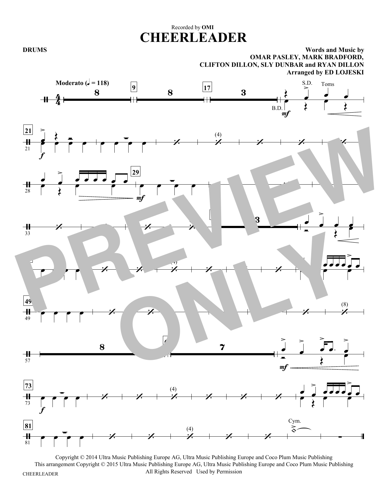 Preview Ed Lojeski Cheerleader - Drums Pop sheet music, notes and chords for Choir Instrumental Pak, SKU: 343937 Cheerleader - Drums sheet music