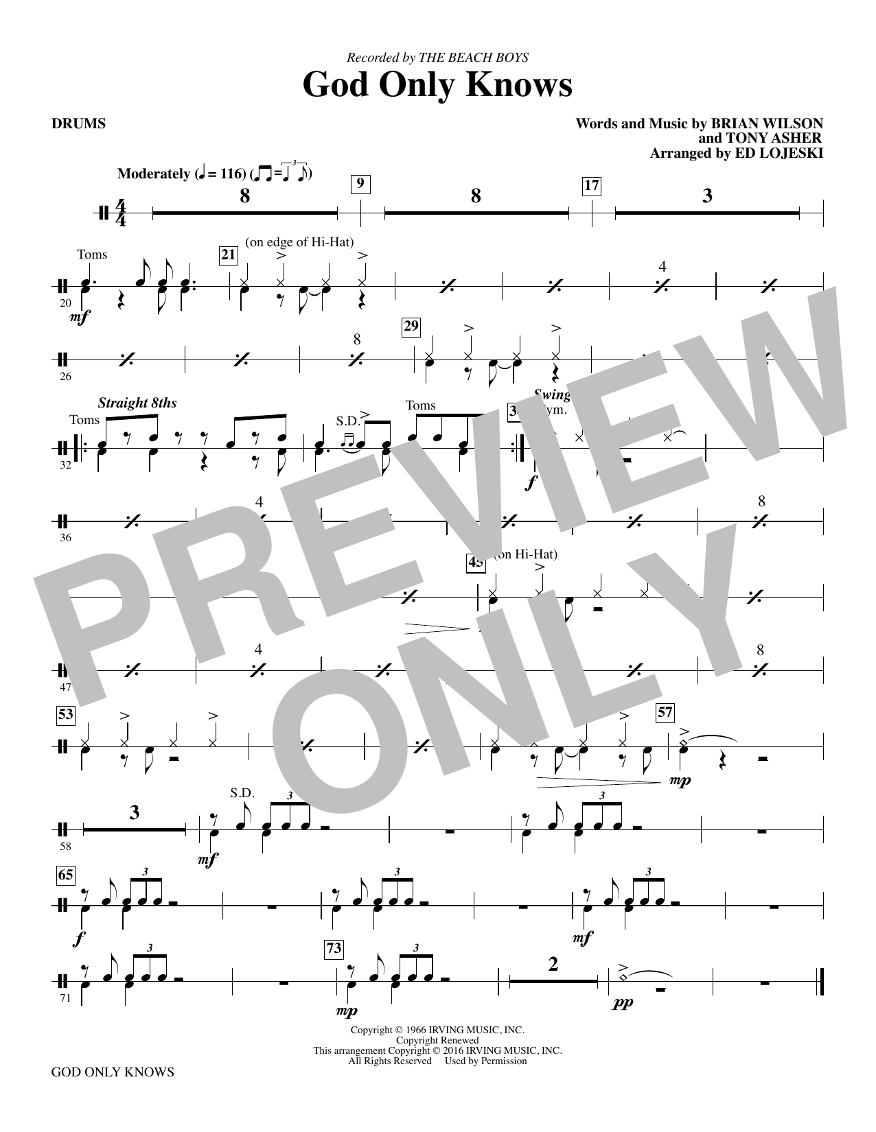Preview Ed Lojeski God Only Knows - Drums Oldies sheet music, notes and chords for Choir Instrumental Pak, SKU: 345168 God Only Knows - Drums sheet music