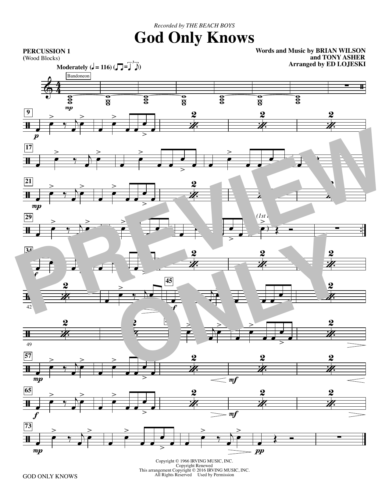 Preview Ed Lojeski God Only Knows - Percussion 1 Oldies sheet music, notes and chords for Choir Instrumental Pak, SKU: 345169 God Only Knows - Percussion 1 sheet music