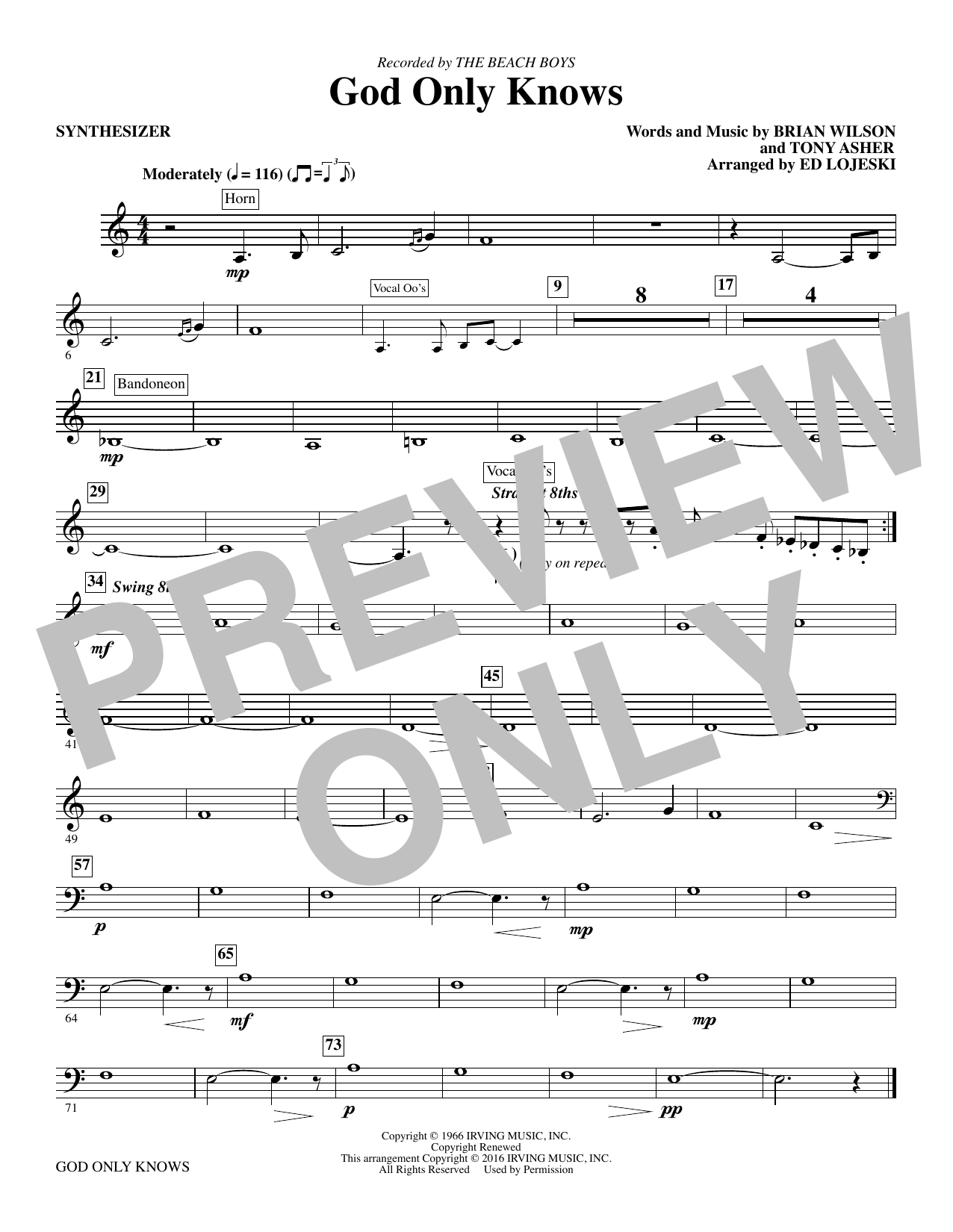 Preview Ed Lojeski God Only Knows - Synthesizer Oldies sheet music, notes and chords for Choir Instrumental Pak, SKU: 345165 God Only Knows - Synthesizer sheet music