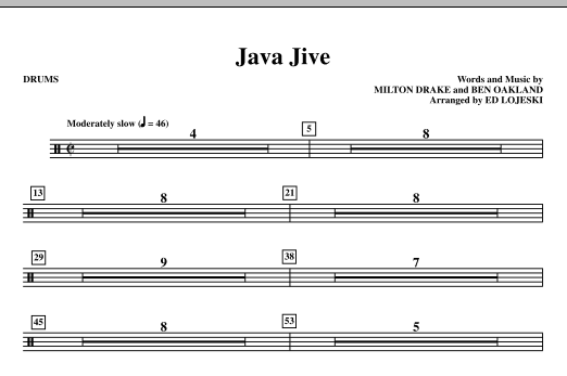 Preview Ed Lojeski Java Jive (SSAA Octavo Accompaniment Parts) - Drums Jazz sheet music, notes and chords for Choir Instrumental Pak, SKU: 296196 Java Jive (SSAA Octavo Accompaniment Parts) - Drums sheet music
