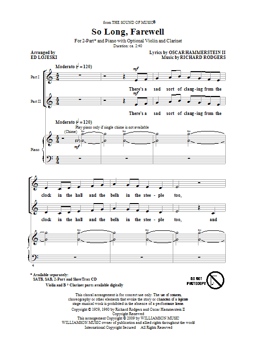 Preview Ed Lojeski So Long, Farewell (from The Sound Of Music) Broadway sheet music, notes and chords for SATB, SKU: 68221 So Long, Farewell (from The Sound Of Music) sheet music