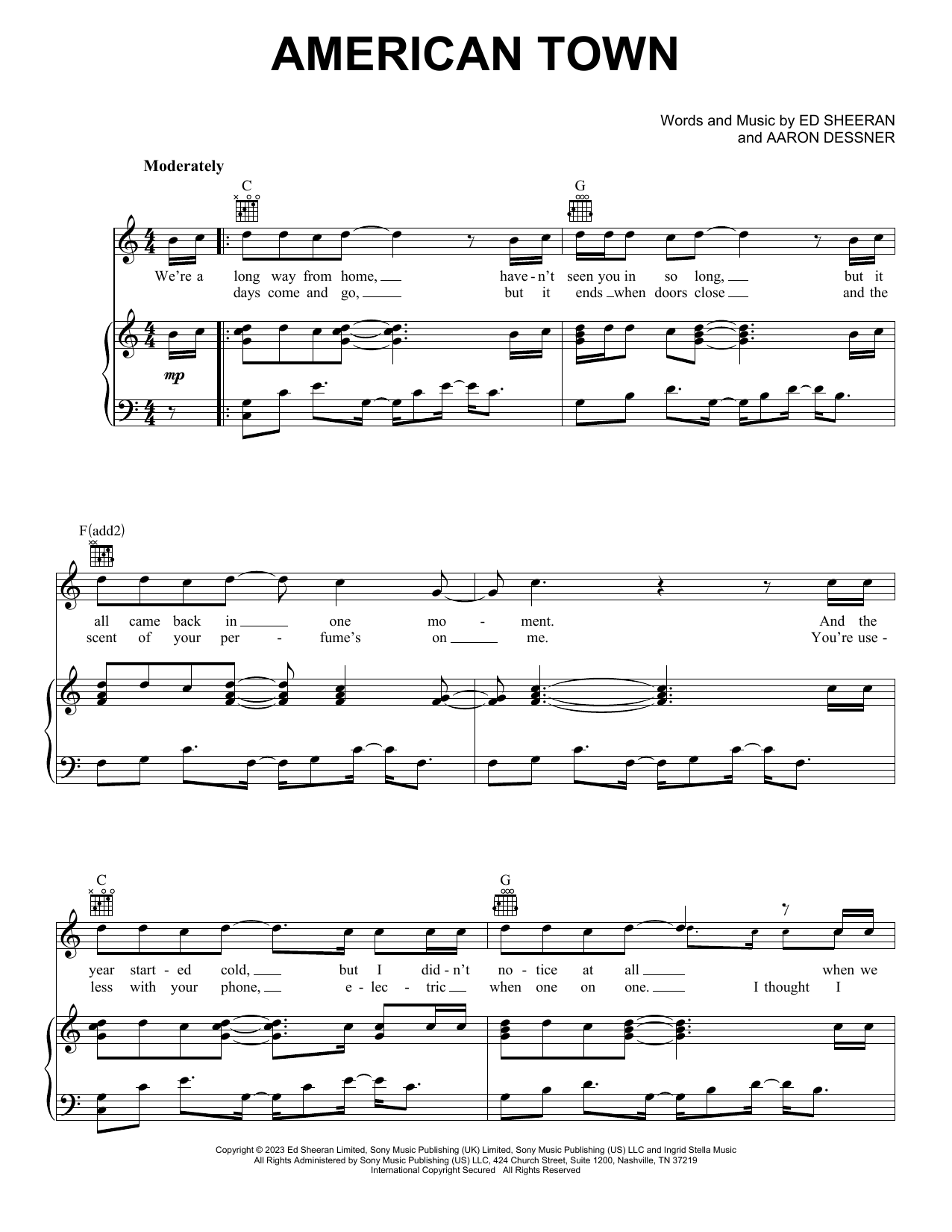 Preview Ed Sheeran American Town Pop sheet music, notes and chords for Piano, Vocal & Guitar Chords (Right-Hand Melody), SKU: 1394811 American Town sheet music