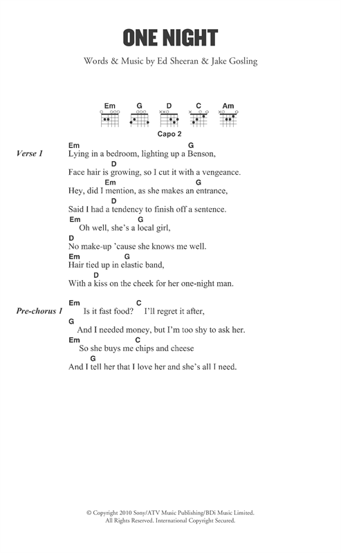 Ed Sheeran One Night Sheet Music Notes & Chords for Lyrics & Chords - Download or Print PDF
