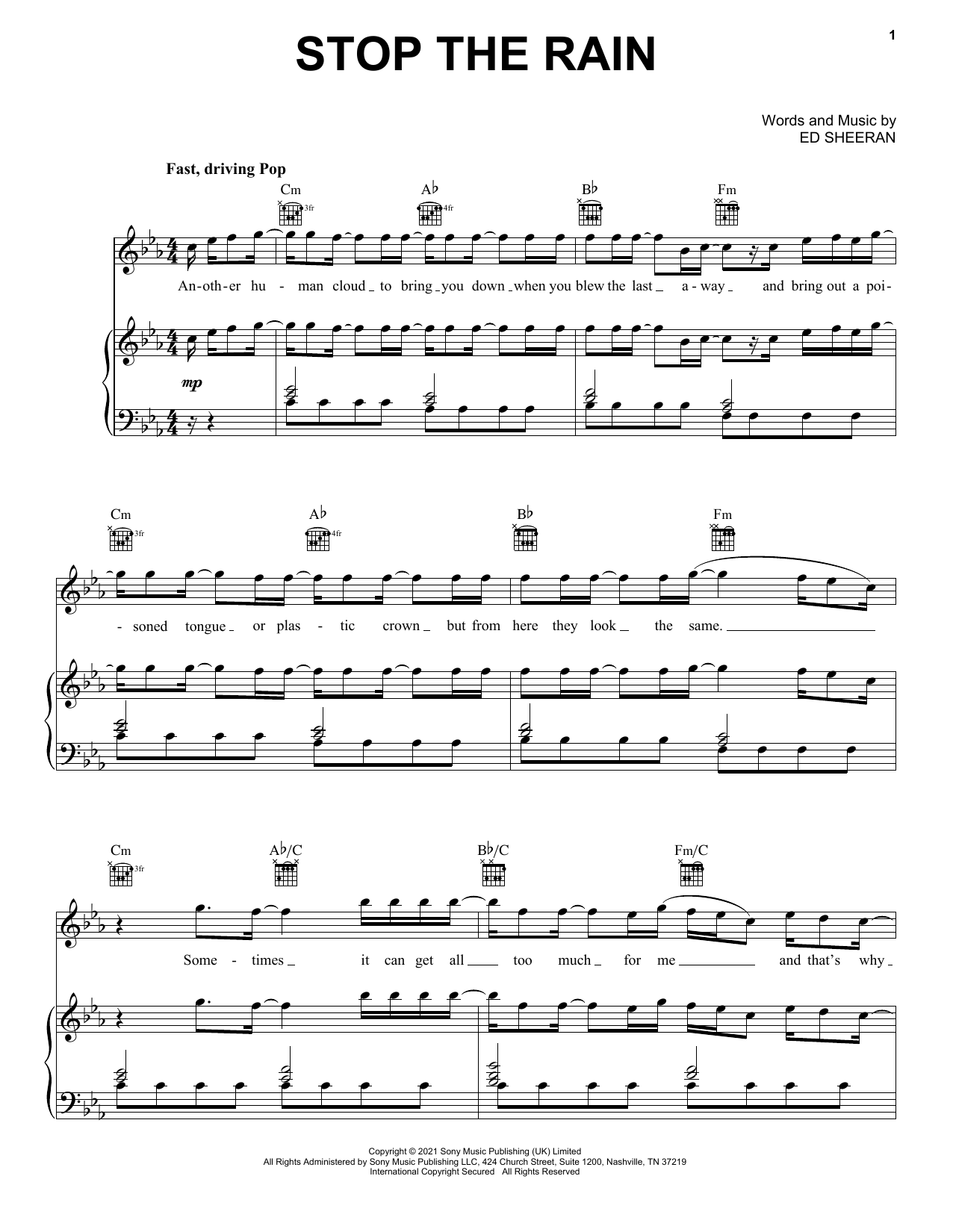 Preview Ed Sheeran Stop The Rain Pop sheet music, notes and chords for Piano, Vocal & Guitar (Right-Hand Melody), SKU: 517894 Stop The Rain sheet music