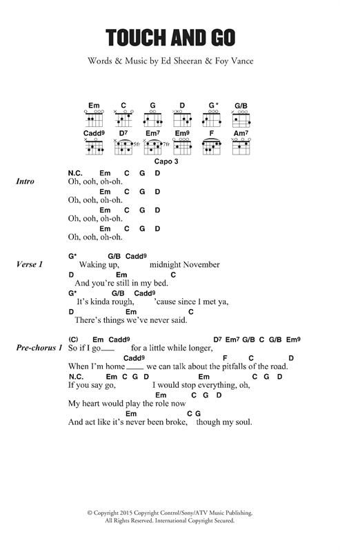Ed Sheeran Touch And Go Sheet Music Notes & Chords for Lyrics & Chords - Download or Print PDF
