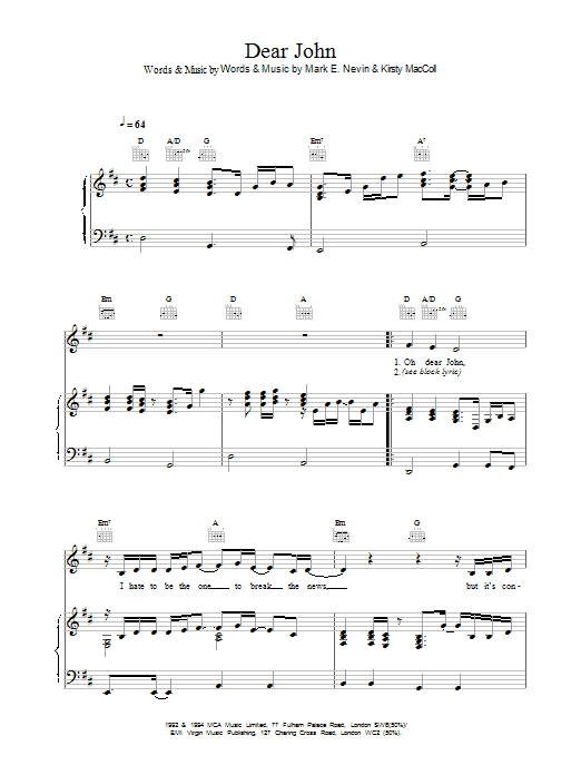 Eddi Reader Dear John Sheet Music Notes & Chords for Piano, Vocal & Guitar (Right-Hand Melody) - Download or Print PDF