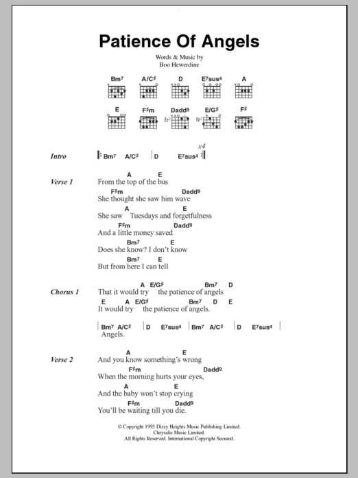 Eddi Reader Patience Of Angels Sheet Music Notes & Chords for Lyrics & Chords - Download or Print PDF