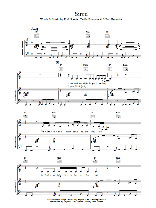 Eddi Reader Siren Sheet Music Notes & Chords for Piano, Vocal & Guitar - Download or Print PDF