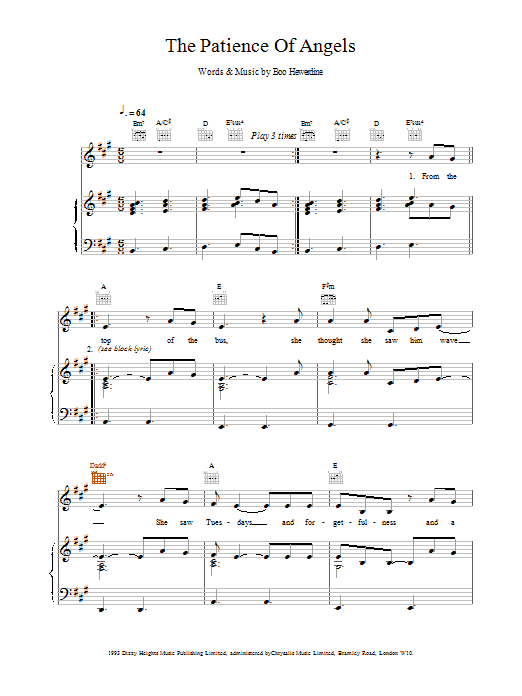 Eddi Reader The Patience Of Angels Sheet Music Notes & Chords for Piano, Vocal & Guitar (Right-Hand Melody) - Download or Print PDF