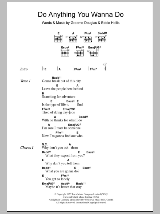 Eddie & The Hotrods Do Anything You Wanna Do Sheet Music Notes & Chords for Lyrics & Chords - Download or Print PDF