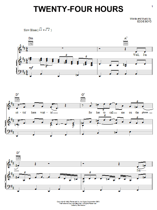 Eddie Boyd Twenty-Four Hours Sheet Music Notes & Chords for Piano, Vocal & Guitar (Right-Hand Melody) - Download or Print PDF