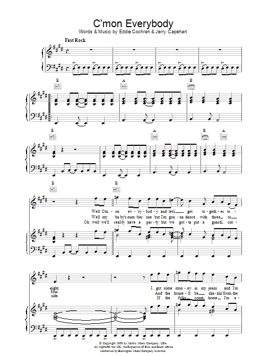 Eddie Cochran C'mon Everybody Sheet Music Notes & Chords for Lyrics & Chords - Download or Print PDF