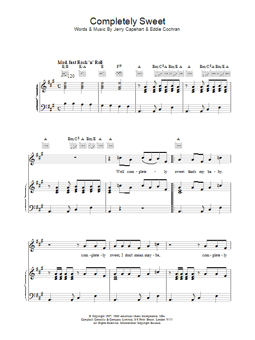 Eddie Cochran Completely Sweet Sheet Music Notes & Chords for Piano, Vocal & Guitar (Right-Hand Melody) - Download or Print PDF