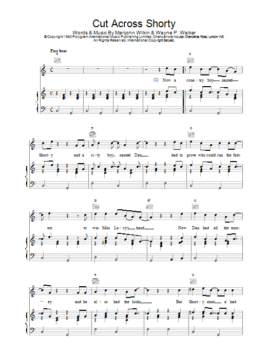 Eddie Cochran Cut Across, Shorty Sheet Music Notes & Chords for Piano, Vocal & Guitar (Right-Hand Melody) - Download or Print PDF