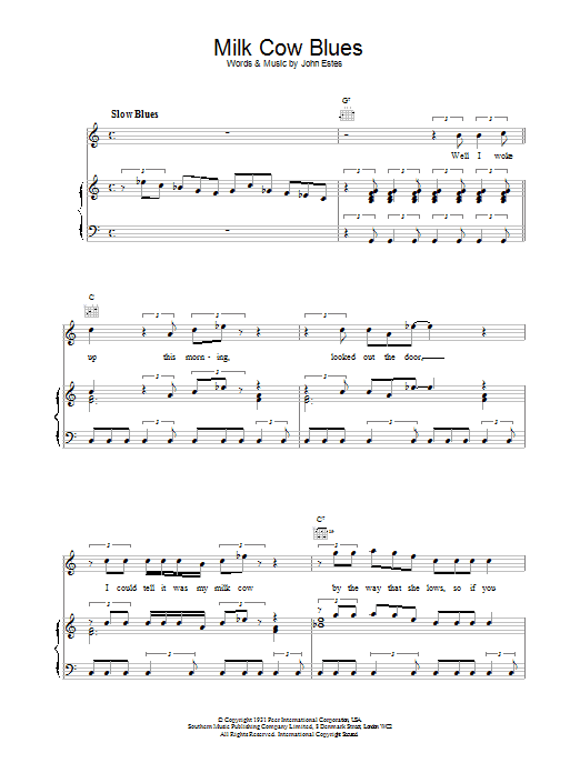 Eddie Cochran Milk Cow Blues Sheet Music Notes & Chords for Piano, Vocal & Guitar (Right-Hand Melody) - Download or Print PDF