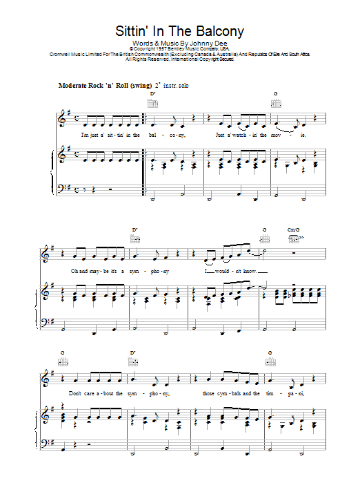 Eddie Cochran Sittin' In The Balcony Sheet Music Notes & Chords for Piano, Vocal & Guitar (Right-Hand Melody) - Download or Print PDF