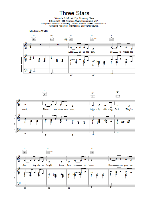 Eddie Cochran Three Stars Sheet Music Notes & Chords for Piano, Vocal & Guitar (Right-Hand Melody) - Download or Print PDF