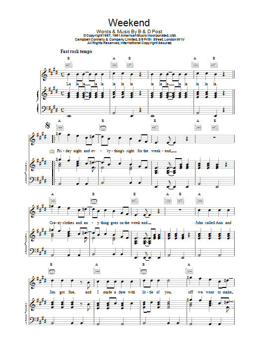 Eddie Cochran Weekend Sheet Music Notes & Chords for Piano, Vocal & Guitar (Right-Hand Melody) - Download or Print PDF