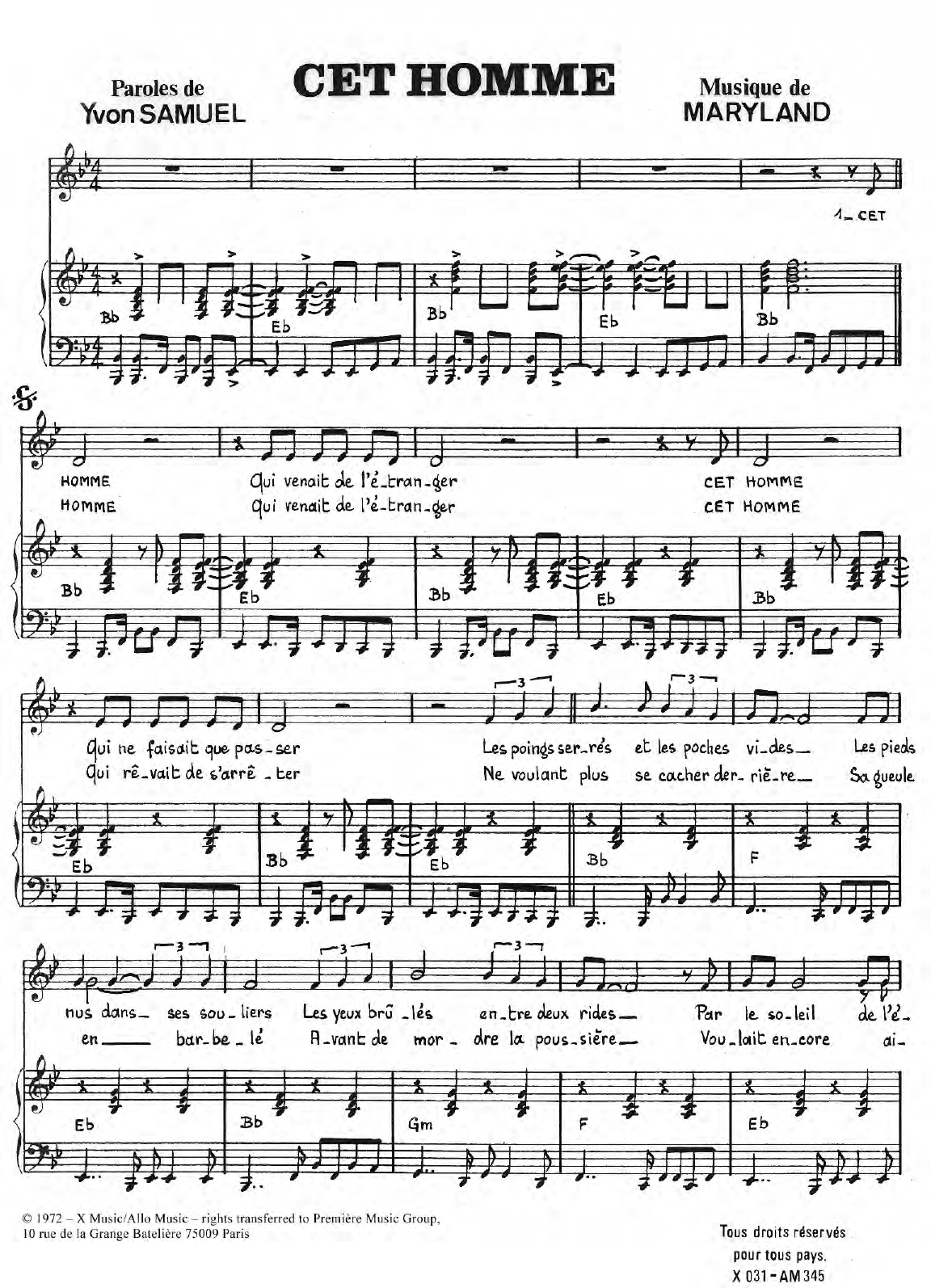 Eddie Constantine Cet Homme Sheet Music Notes & Chords for Piano & Vocal - Download or Print PDF