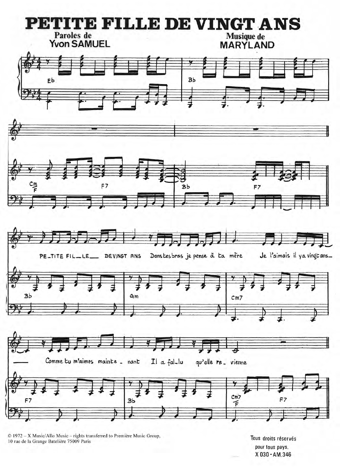 Eddie Constantine Petite Fille De Vingt Ans Sheet Music Notes & Chords for Piano & Vocal - Download or Print PDF