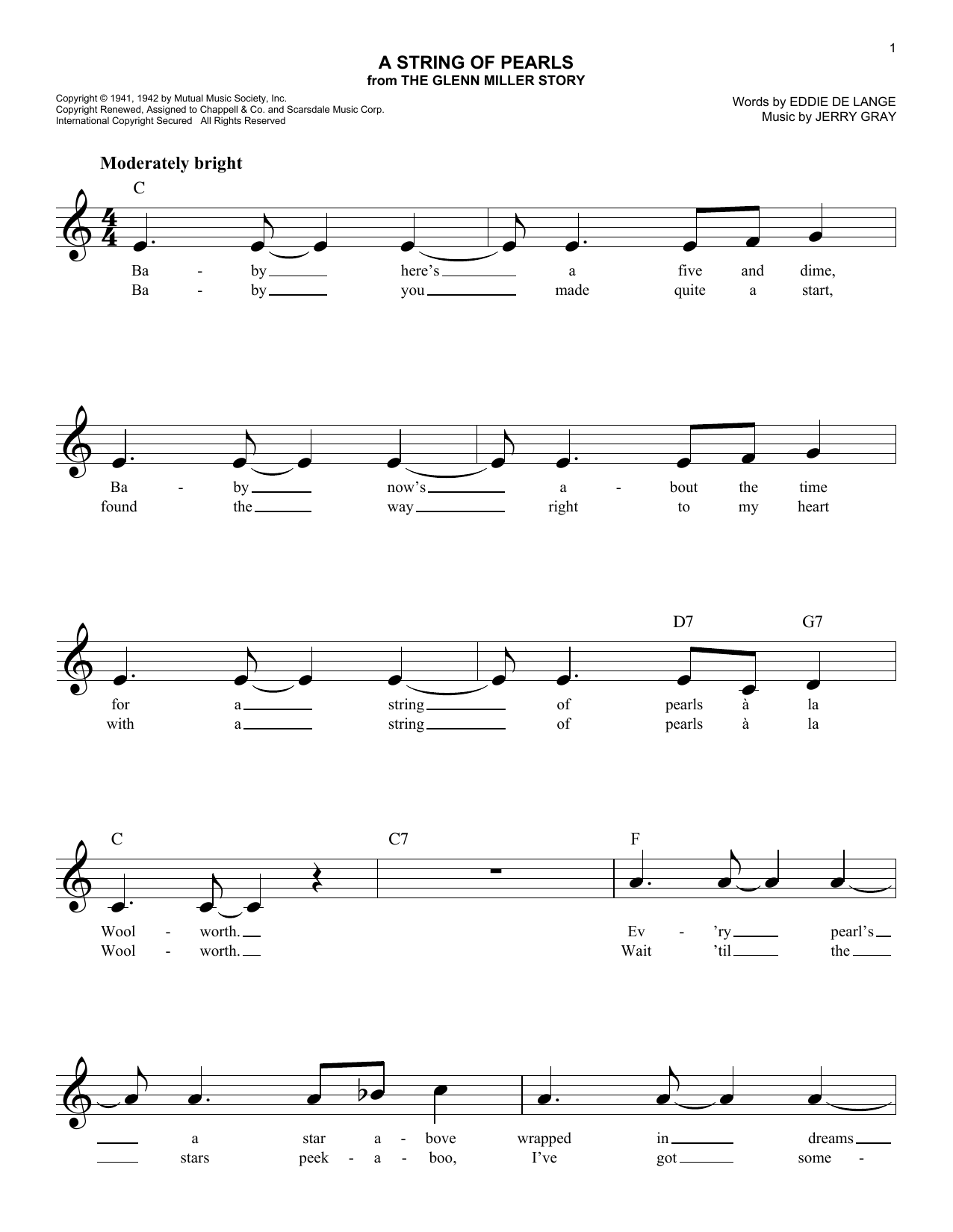 Eddie De Lange A String Of Pearls Sheet Music Notes & Chords for Melody Line, Lyrics & Chords - Download or Print PDF