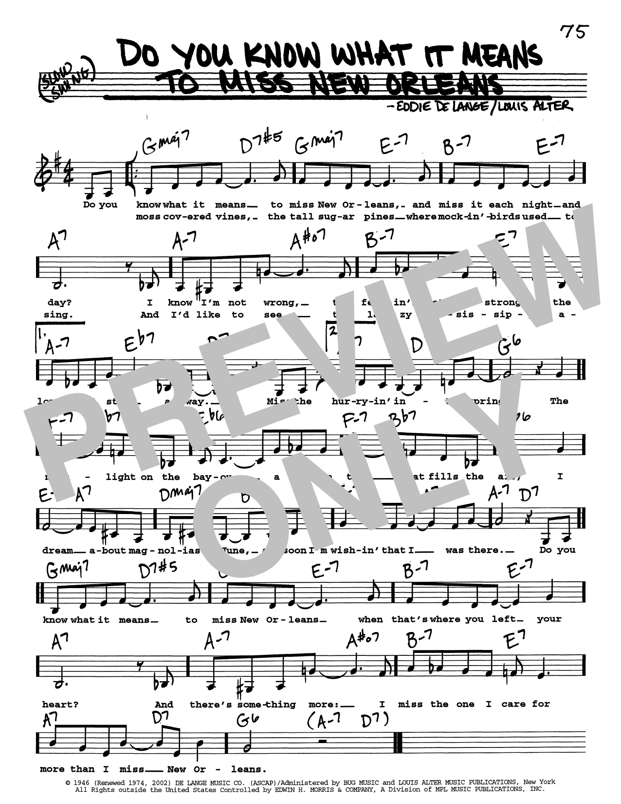 Eddie De Lange Do You Know What It Means To Miss New Orleans (Low Voice) Sheet Music Notes & Chords for Real Book – Melody, Lyrics & Chords - Download or Print PDF