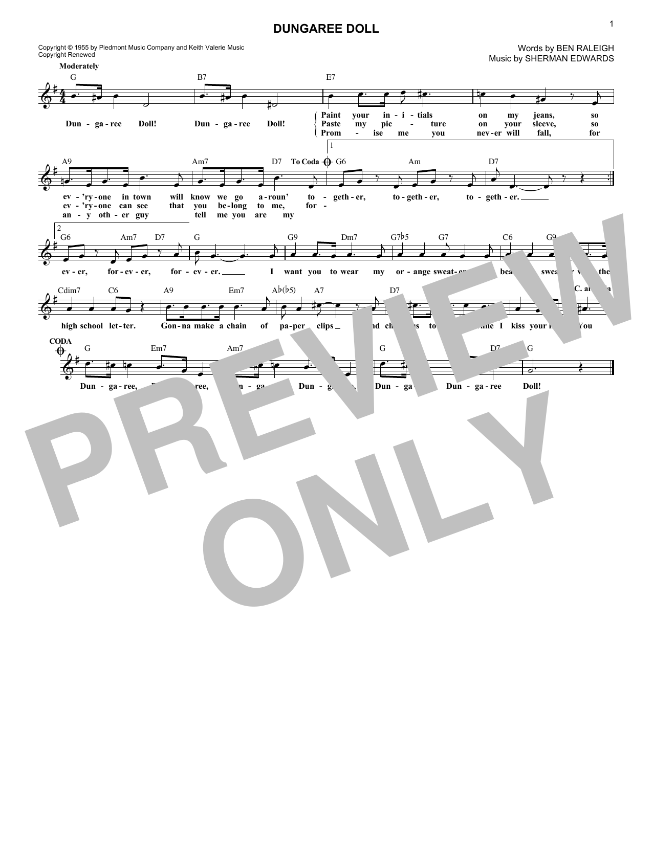 Eddie Fischer Dungaree Doll Sheet Music Notes & Chords for Melody Line, Lyrics & Chords - Download or Print PDF