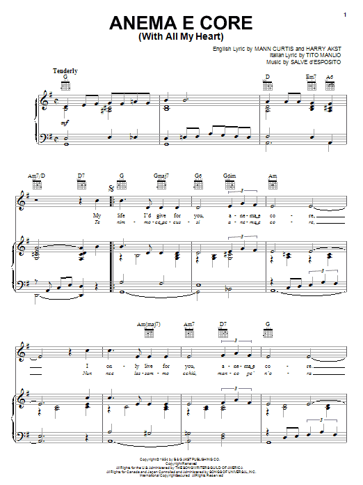 Eddie Fisher Anema E Core (With All My Heart) Sheet Music Notes & Chords for Melody Line, Lyrics & Chords - Download or Print PDF