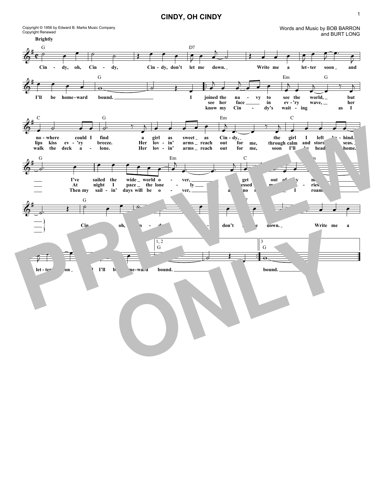 Eddie Fisher Cindy, Oh Cindy Sheet Music Notes & Chords for Melody Line, Lyrics & Chords - Download or Print PDF