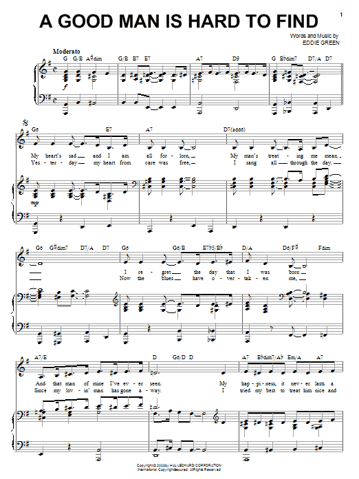 Eddie Green A Good Man Is Hard To Find Sheet Music Notes & Chords for Piano, Vocal & Guitar (Right-Hand Melody) - Download or Print PDF