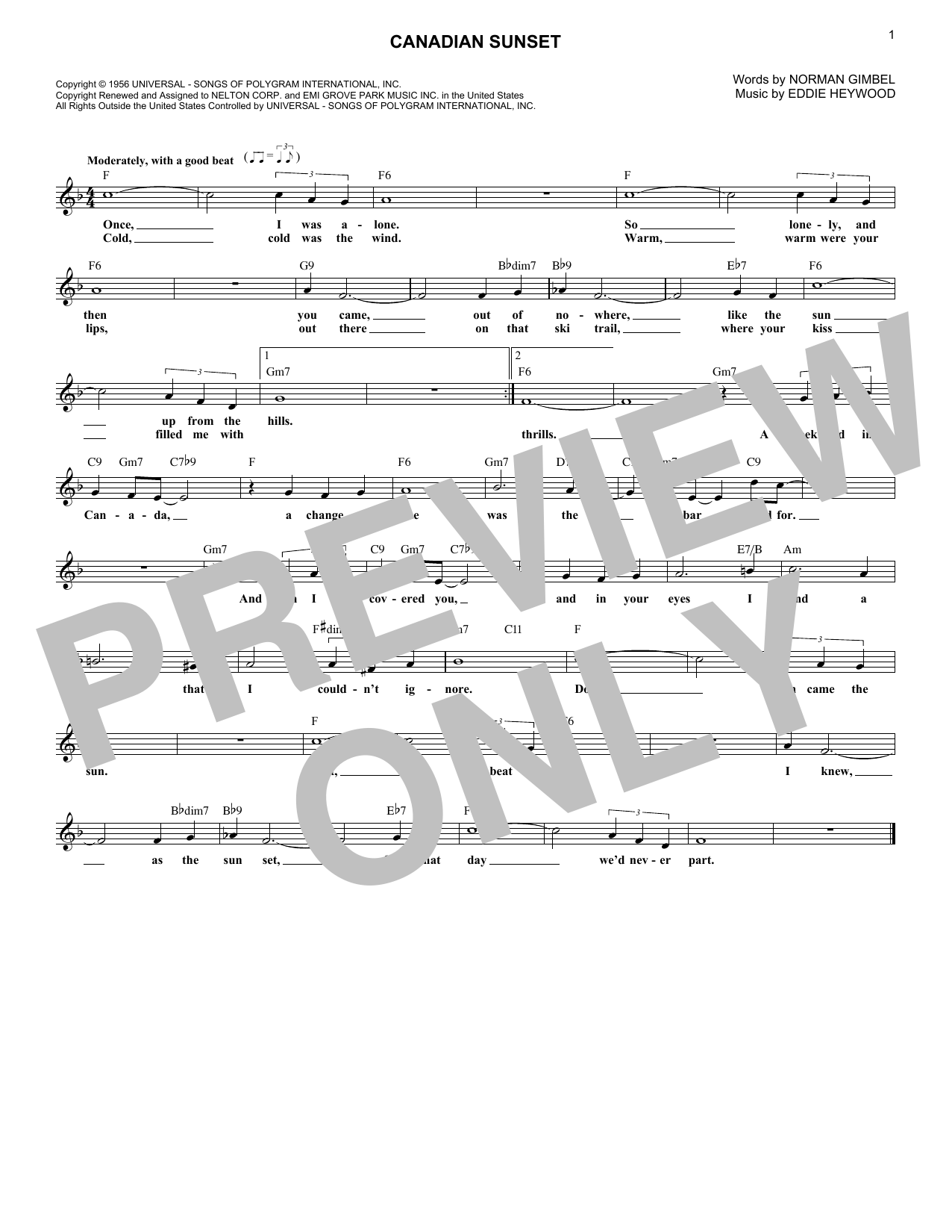 Eddie Heywood Canadian Sunset Sheet Music Notes & Chords for Melody Line, Lyrics & Chords - Download or Print PDF