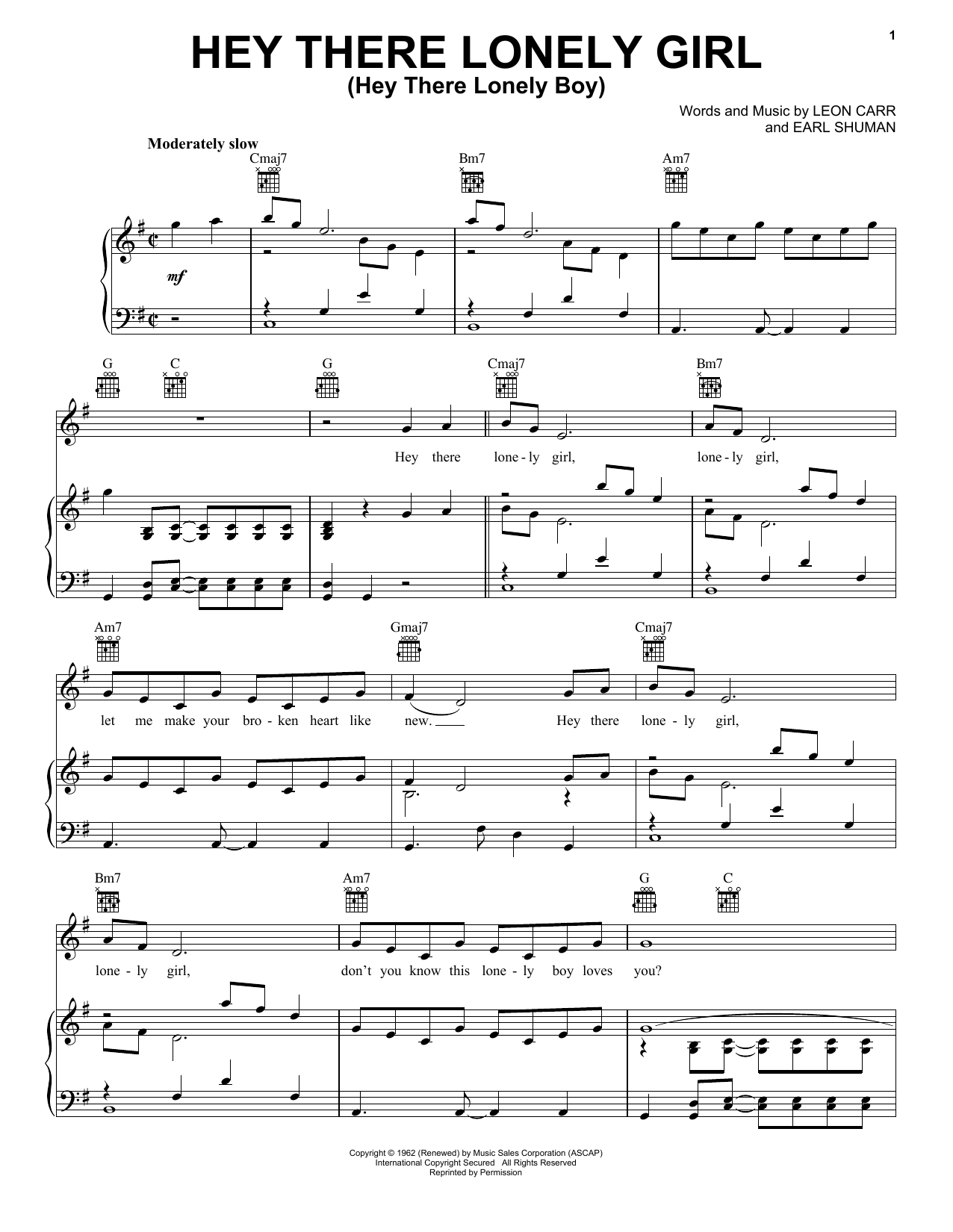 Eddie Holman Hey There Lonely Girl (Hey There Lonely Boy) Sheet Music Notes & Chords for Piano, Vocal & Guitar Chords (Right-Hand Melody) - Download or Print PDF