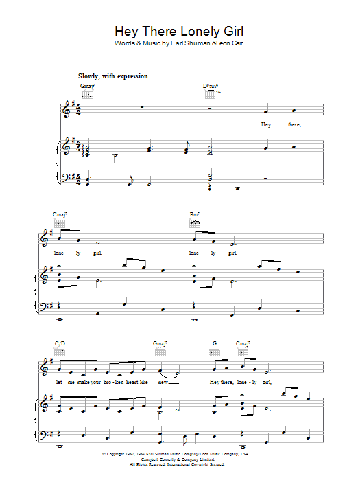 Earl Shuman Hey There, Lonely Girl Sheet Music Notes & Chords for Piano, Vocal & Guitar (Right-Hand Melody) - Download or Print PDF