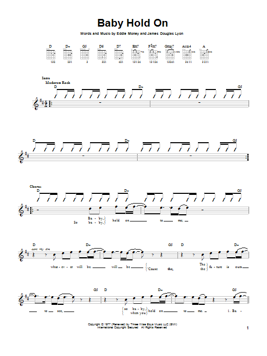 Eddie Money Baby Hold On Sheet Music Notes & Chords for Easy Guitar - Download or Print PDF