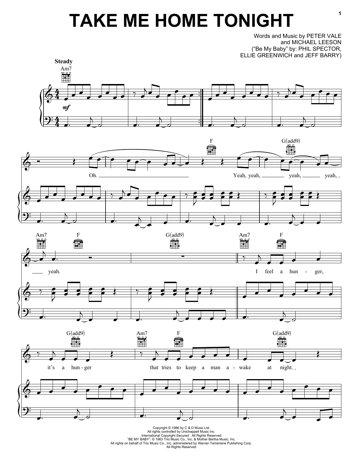 Eddie Money Take Me Home Tonight Sheet Music Notes & Chords for Piano, Vocal & Guitar Chords (Right-Hand Melody) - Download or Print PDF