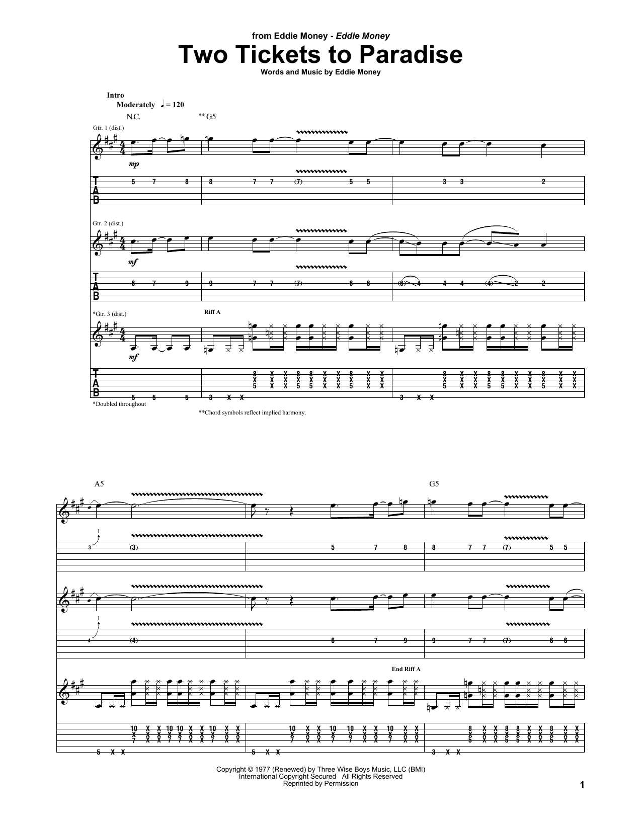 Eddie Money Two Tickets To Paradise Sheet Music Notes & Chords for Lyrics & Chords - Download or Print PDF
