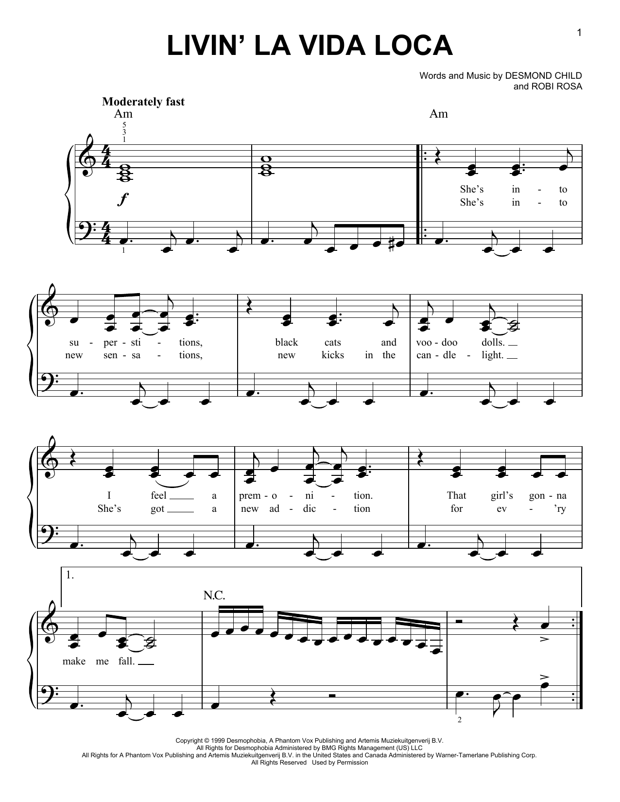 Eddie Murphy Livin' La Vida Loca Sheet Music Notes & Chords for Easy Piano - Download or Print PDF
