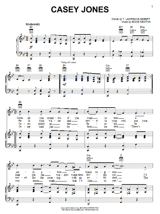 Eddie Newton Casey Jones Sheet Music Notes & Chords for Piano, Vocal & Guitar (Right-Hand Melody) - Download or Print PDF