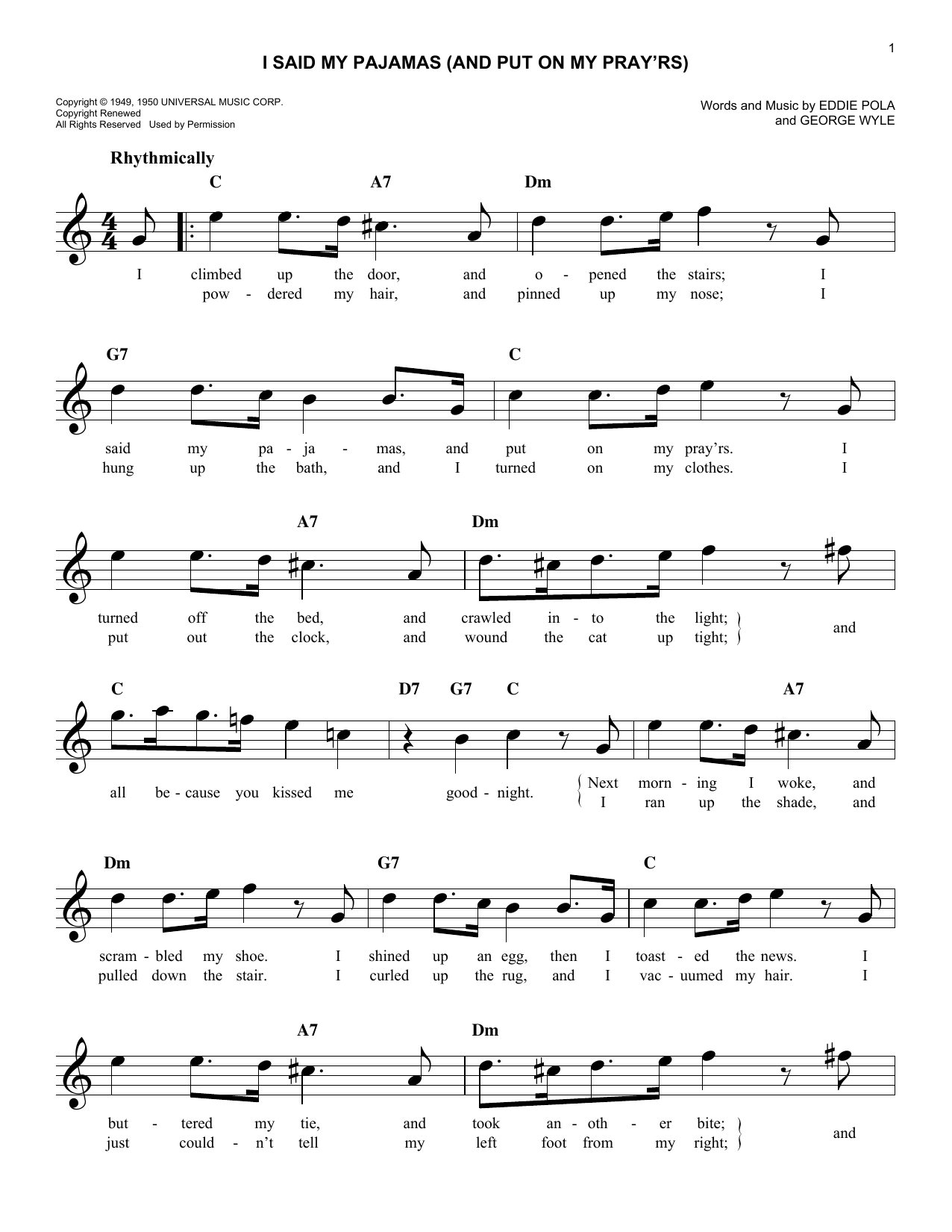 Eddie Pola I Said My Pajamas (And Put On My Pray'rs) Sheet Music Notes & Chords for Melody Line, Lyrics & Chords - Download or Print PDF