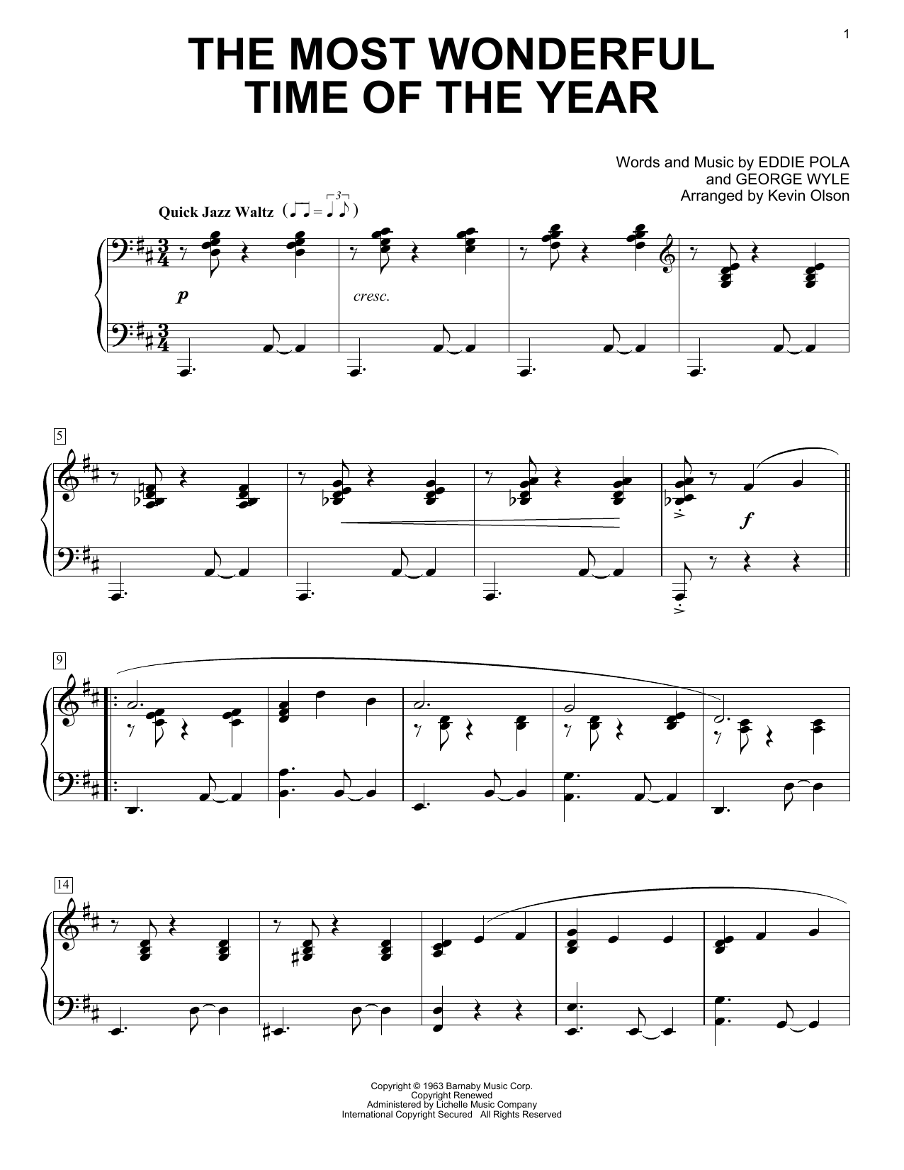 Eddie Pola The Most Wonderful Time Of The Year (arr. Kevin Olson) Sheet Music Notes & Chords for Easy Piano Solo - Download or Print PDF