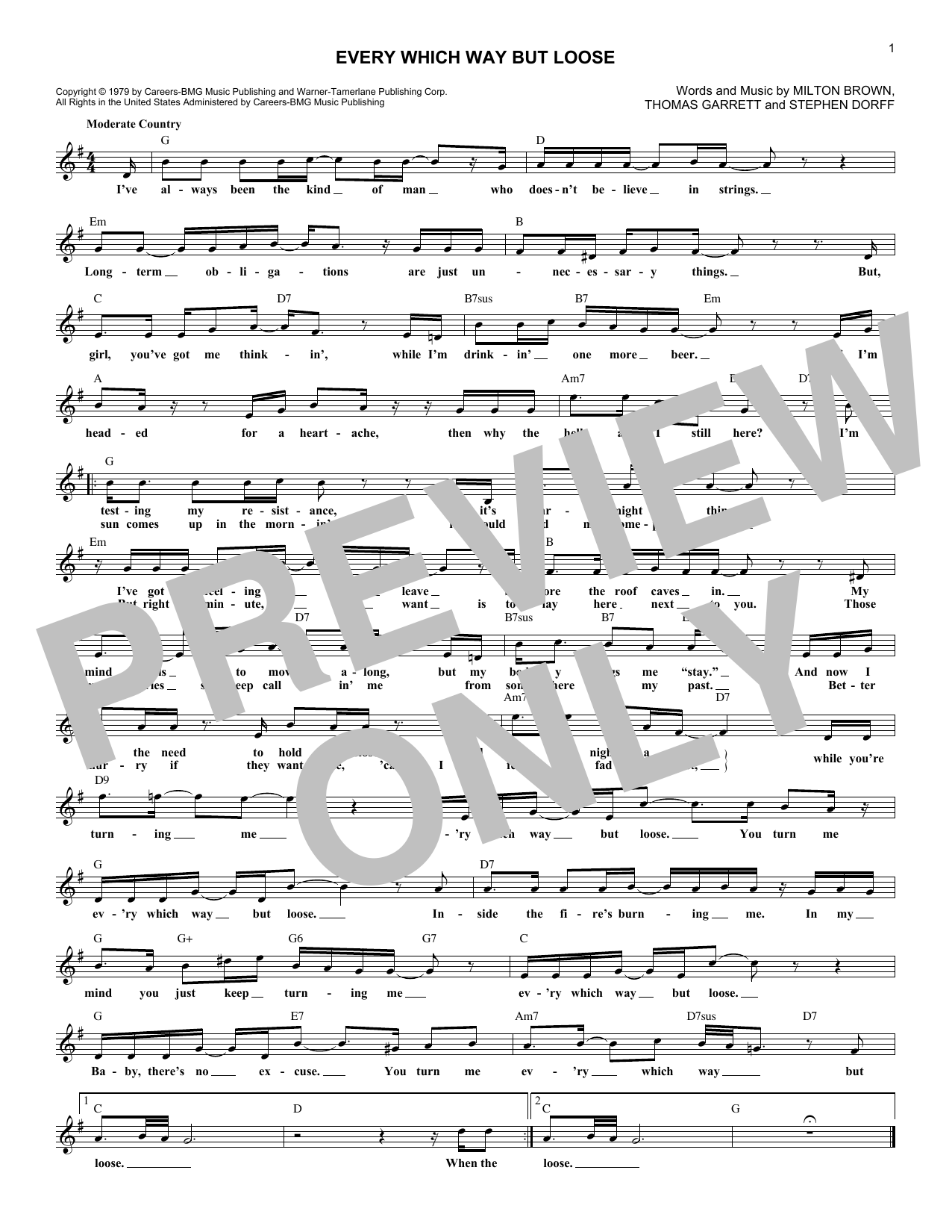 Eddie Rabbit Every Which Way But Loose Sheet Music Notes & Chords for Melody Line, Lyrics & Chords - Download or Print PDF