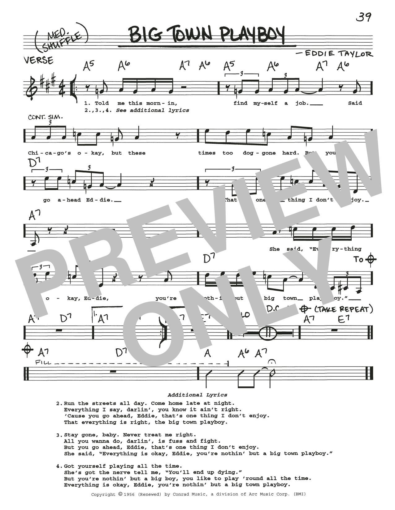 Eddie Taylor Big Town Playboy Sheet Music Notes & Chords for Real Book – Melody, Lyrics & Chords - Download or Print PDF