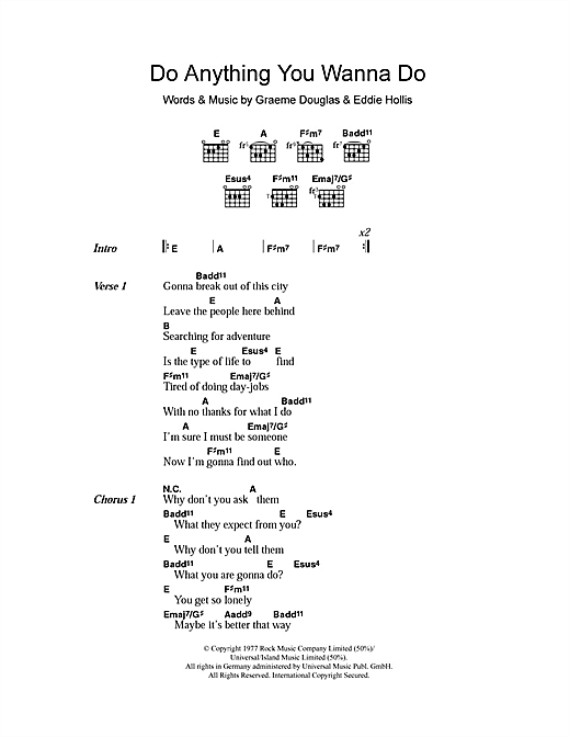 Eddie & The Hotrods Do Anything You Wanna Do Sheet Music Notes & Chords for Lyrics & Chords - Download or Print PDF