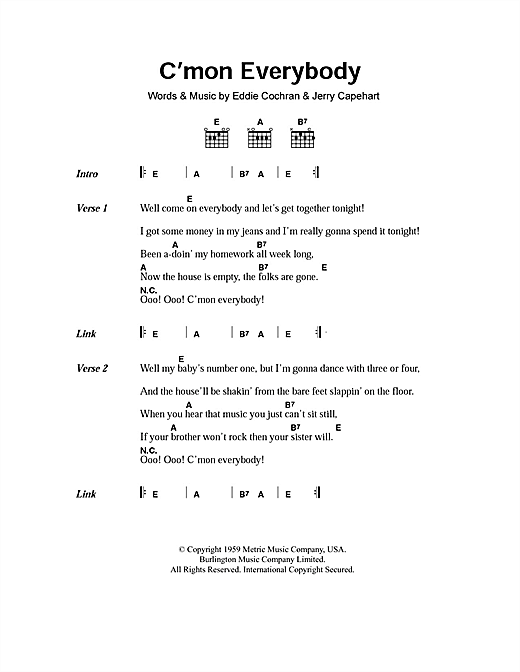 Preview Eddie Cochran C'mon Everybody Rock N Roll sheet music, notes and chords for Piano, Vocal & Guitar (Right-Hand Melody), SKU: 13756 C'mon Everybody sheet music