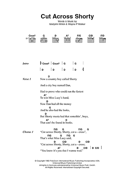 Preview Eddie Cochran Cut Across Shorty Pop sheet music, notes and chords for Lyrics & Chords, SKU: 49314 Cut Across Shorty sheet music