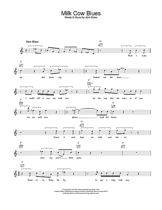 Preview Eddie Cochran Milk Cow Blues Rock N Roll sheet music, notes and chords for Melody Line, Lyrics & Chords, SKU: 25174 Milk Cow Blues sheet music