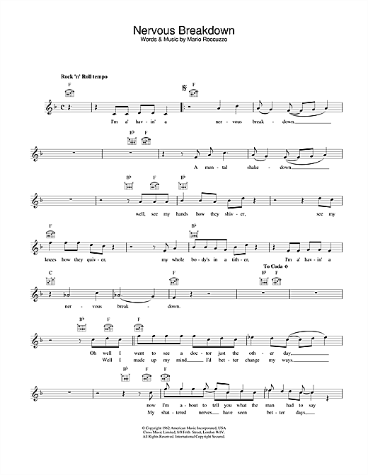 Preview Eddie Cochran Nervous Breakdown Rock N Roll sheet music, notes and chords for Melody Line, Lyrics & Chords, SKU: 25175 Nervous Breakdown sheet music