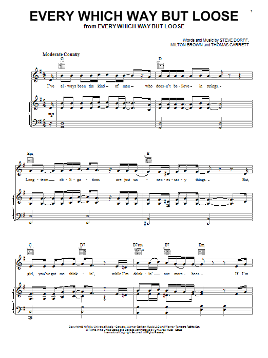Preview Eddie Rabbitt Every Which Way But Loose Pop sheet music, notes and chords for Piano, Vocal & Guitar (Right-Hand Melody), SKU: 53619 Every Which Way But Loose sheet music