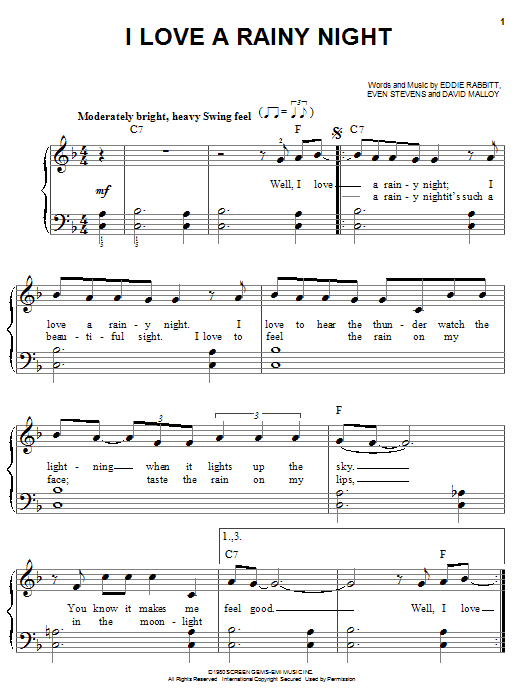 Preview Eddie Rabbitt I Love A Rainy Night Pop sheet music, notes and chords for Easy Guitar, SKU: 72129 I Love A Rainy Night sheet music